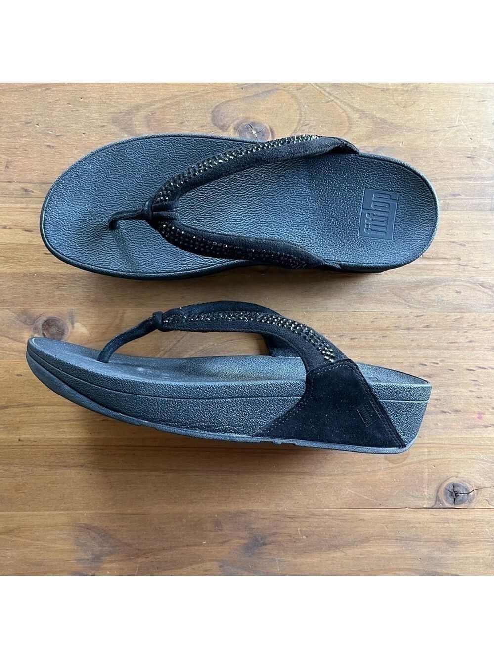 FITFLOP Crystal Swirl Womens Flip Flop Slip On Thong Sandals Black 8